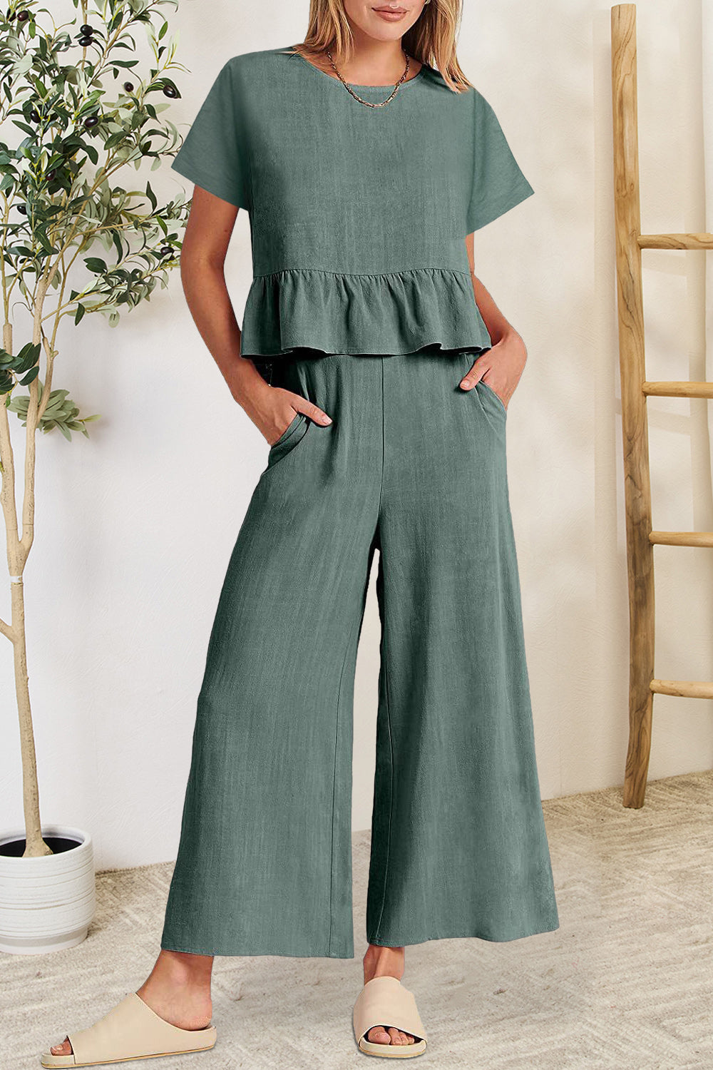 Peplum Round Neck Short Sleeve Top and Pants Set