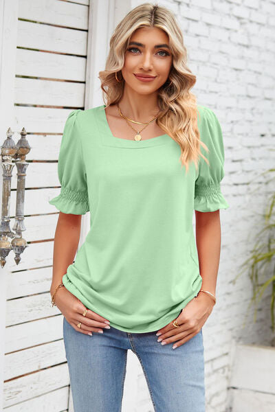 Smocked Square Neck Short Sleeve T-Shirt