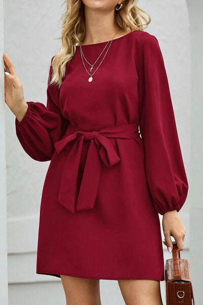 Tied Boat Neck Balloon Sleeve Mini Dress