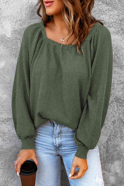 Square Neck Waffle-Knit Top