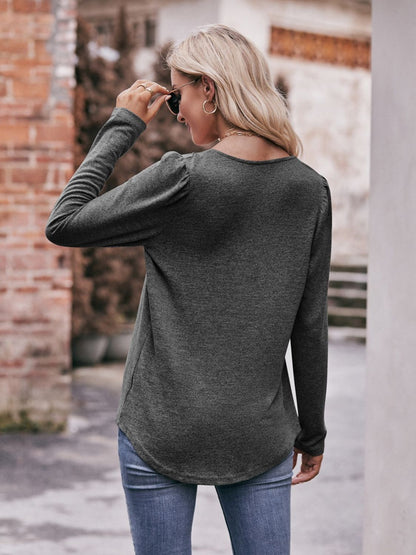 Pleated Detail Curved Hem Long Sleeve Top