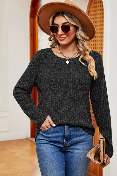 Ribbed Round Neck Long Sleeve T-Shirt