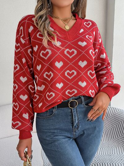 Heart Pattern V-Neck Long Sleeve Sweater