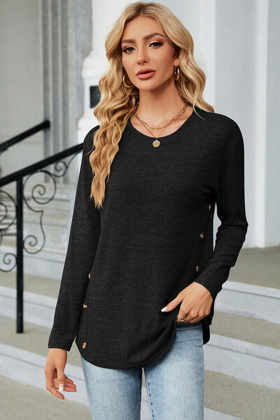 Decorative Button Round Neck T-Shirt