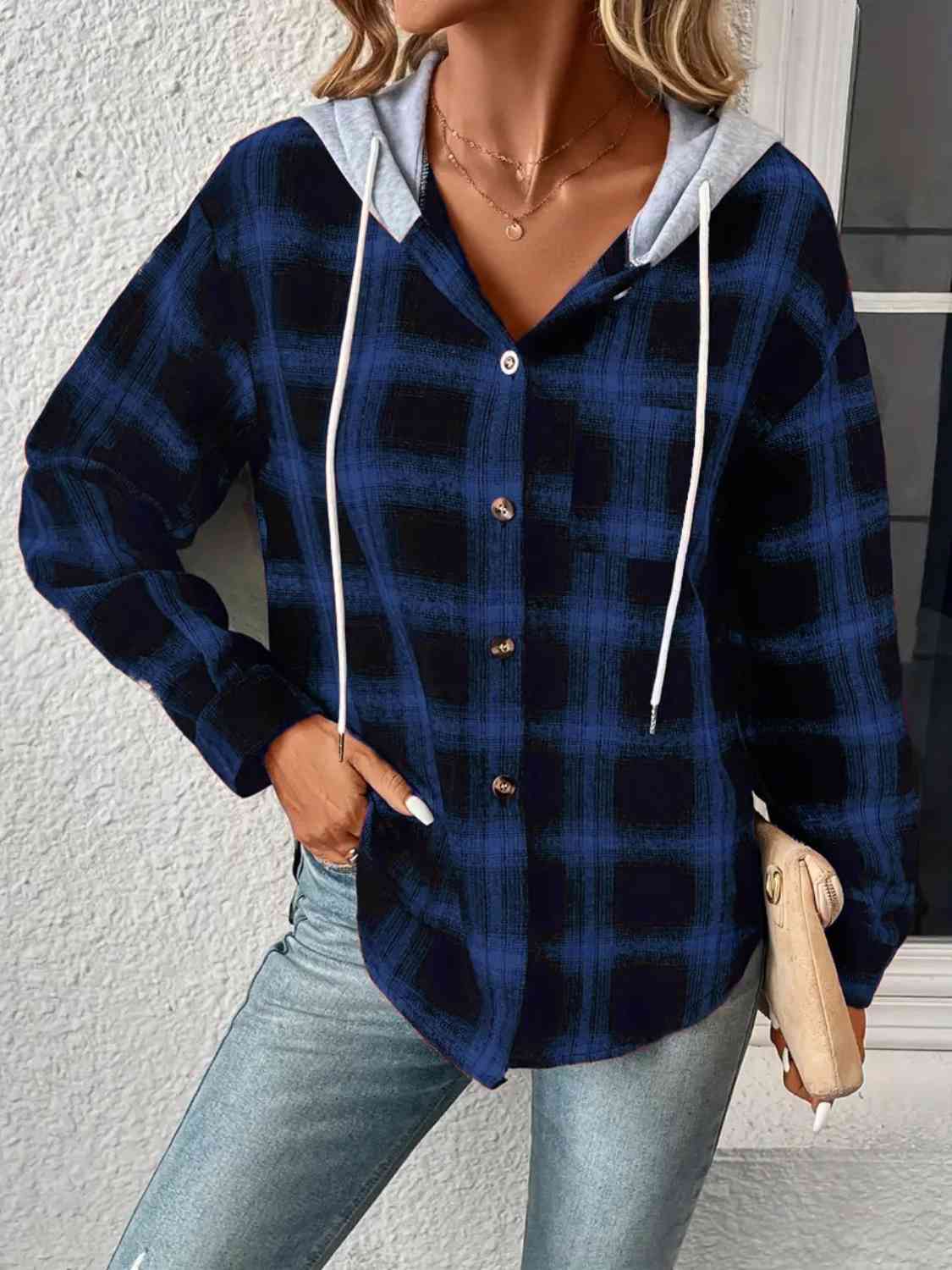 Plaid Drawstring Button Up Hooded Jacket