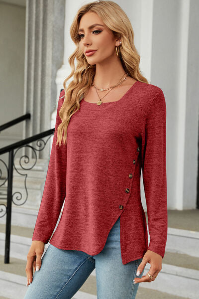 Slit Decorative Button Square Neck T-Shirt