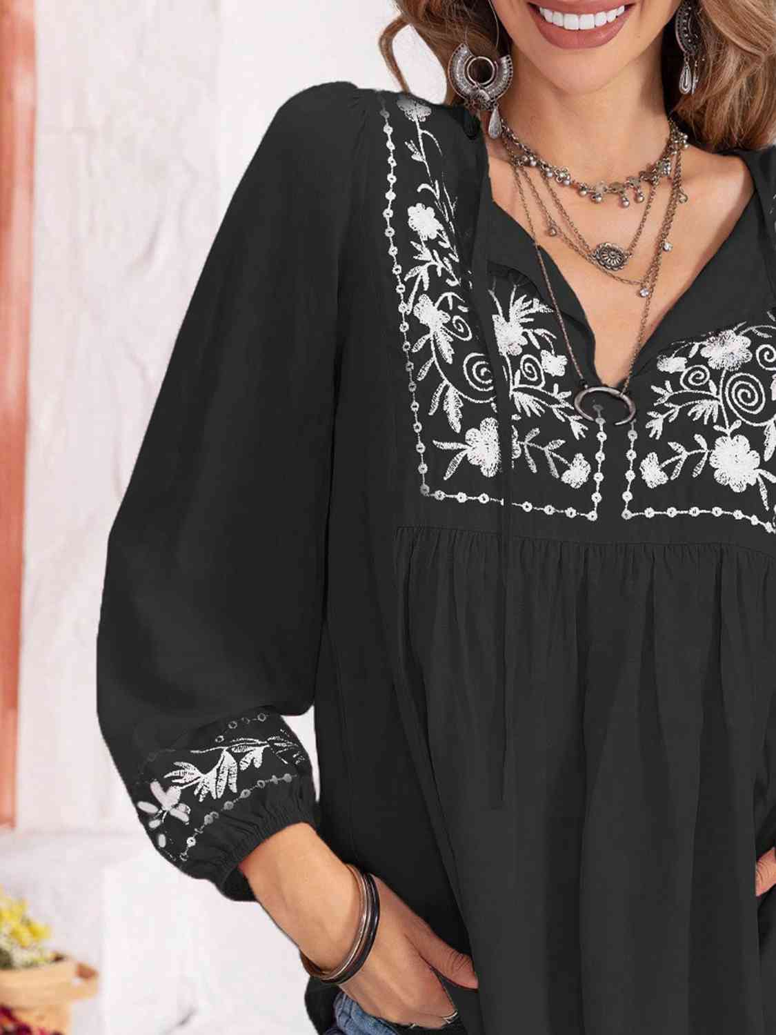 Floral Tie Neck Balloon Sleeve Blouse