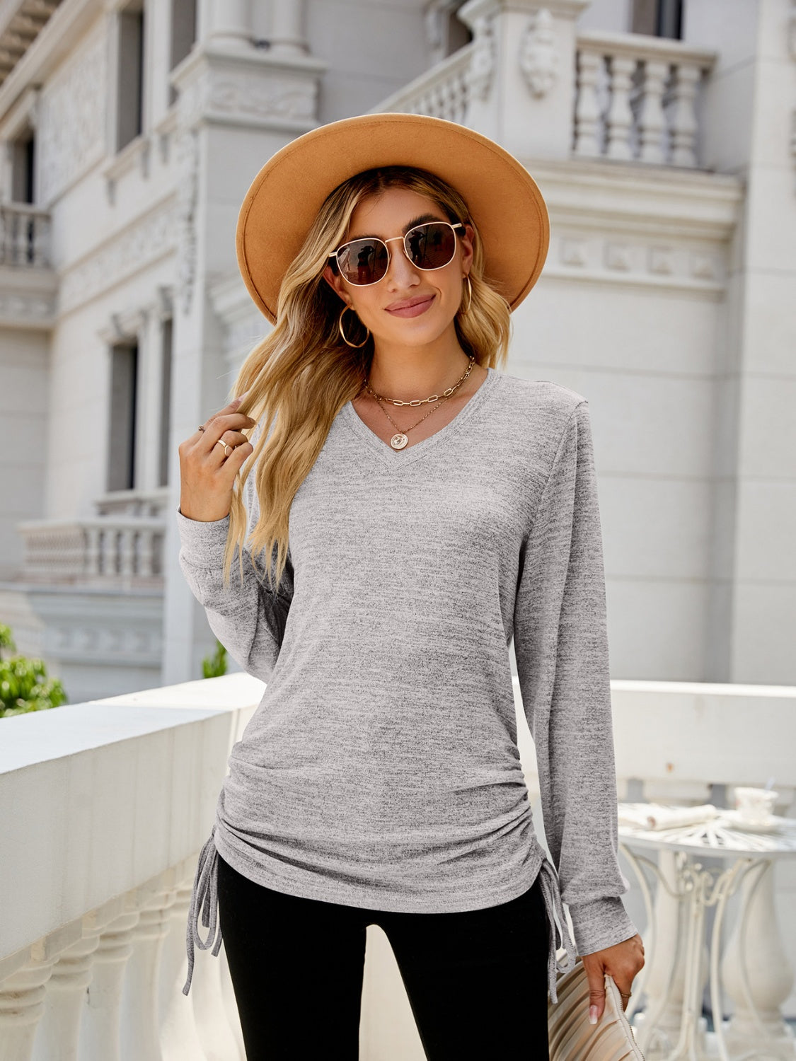 Drawstring V-Neck Long Sleeve T-Shirt