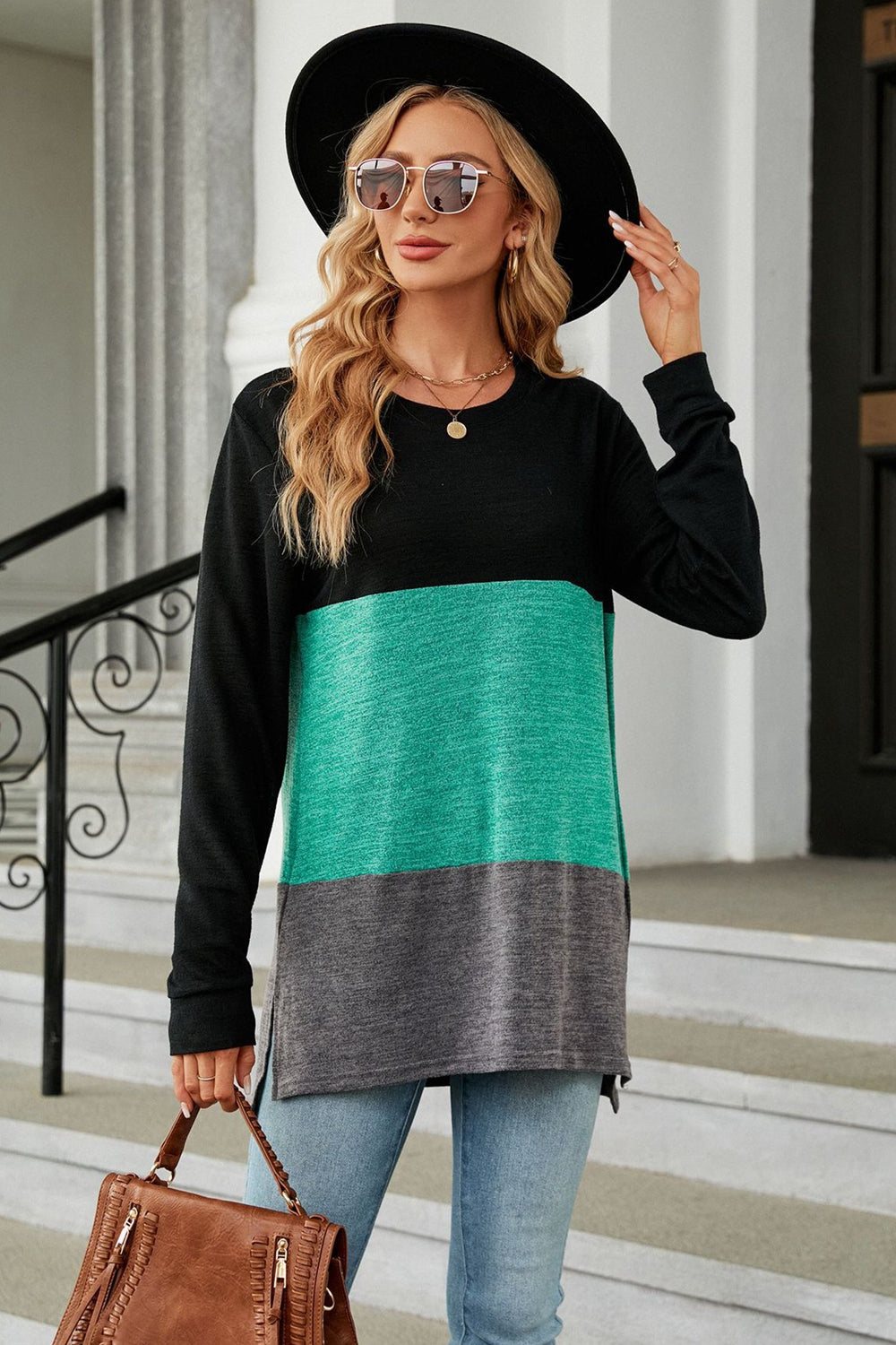 Color Block Round Neck Long Sleeve Slit T-Shirt