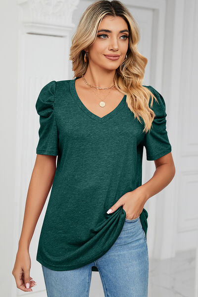 Heathered V-Neck Puff Sleeve T-Shirt