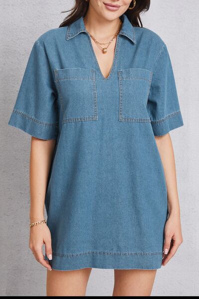 Pocketed Collared Neck Mini Denim Dress