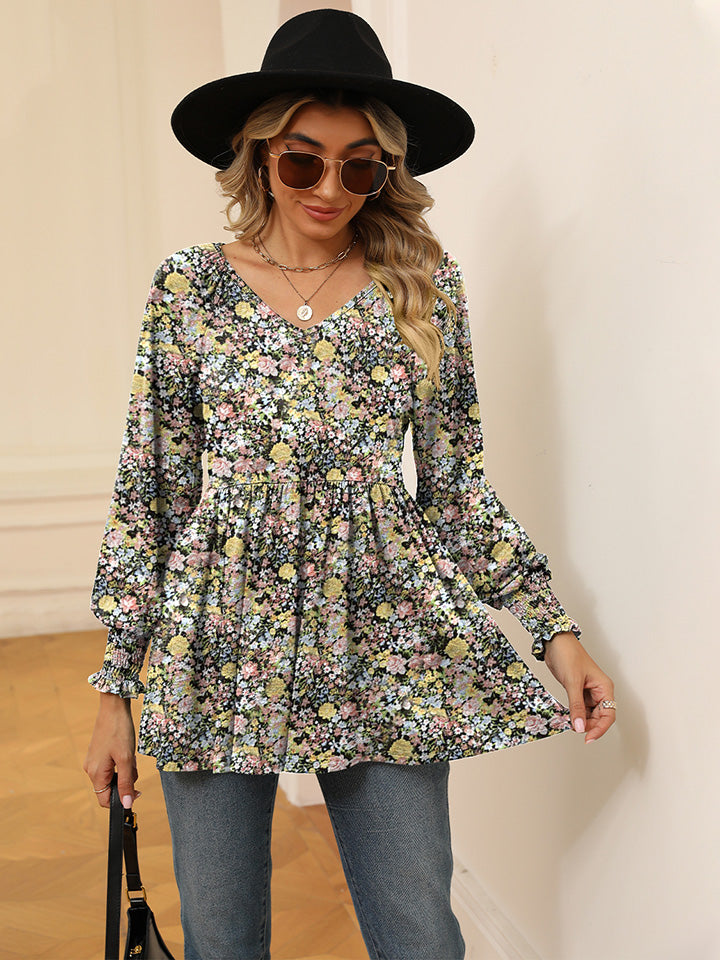 Printed V-Neck Lantern Sleeve Blouse