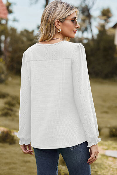 Eyelet Round Neck Flounce Sleeve T-Shirt