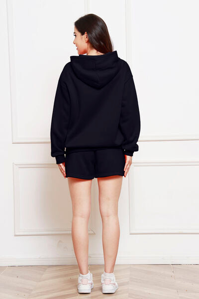 Drop Shoulder Long Sleeve Hoodie and Shorts Set