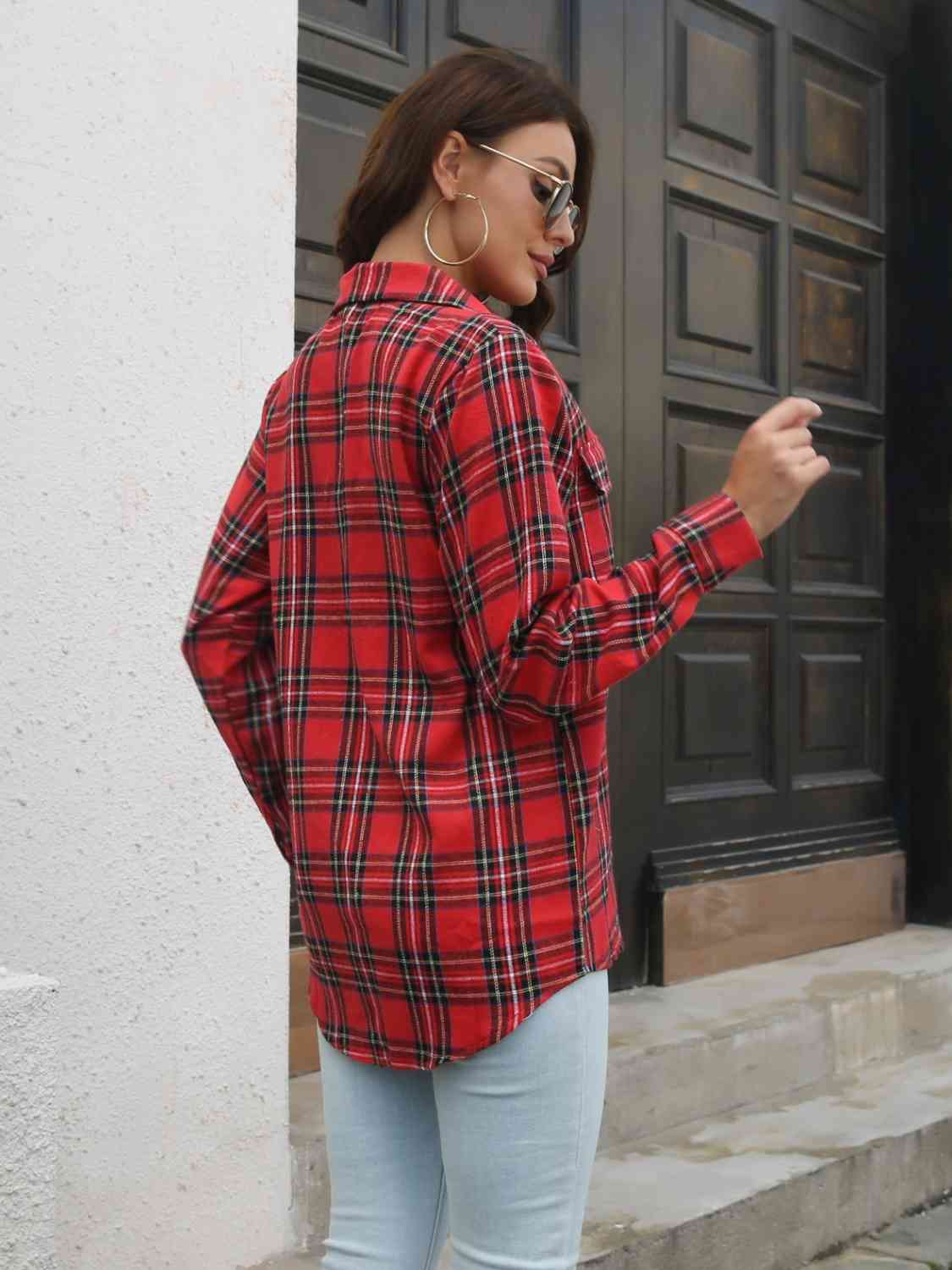 Plaid Collared Neck Buttoned Shirt with Pockets