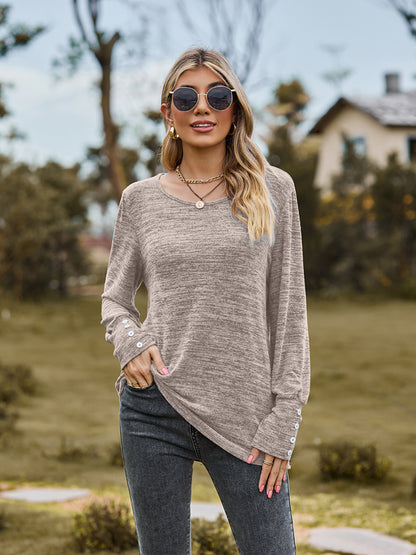 Round Neck Long Sleeve Buttoned T-Shirt