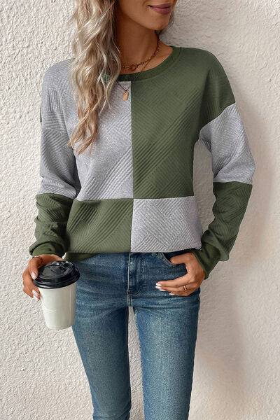 Textured Color Block Round Neck Sweatshirt