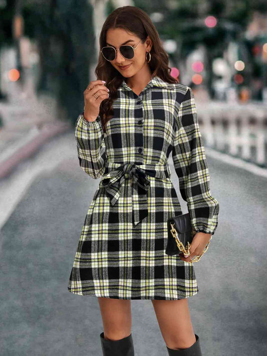 Plaid Tie Front Collared Neck Long Sleeve Dress