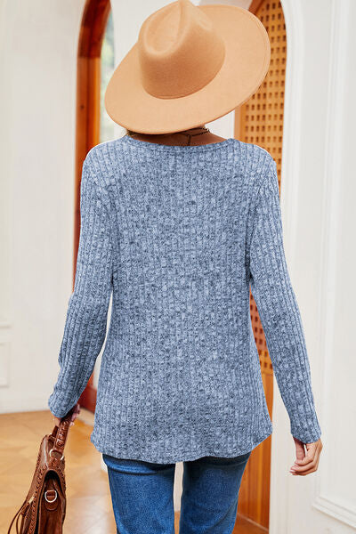 Eyelet Ribbed Round Neck Long Sleeve T-Shirt