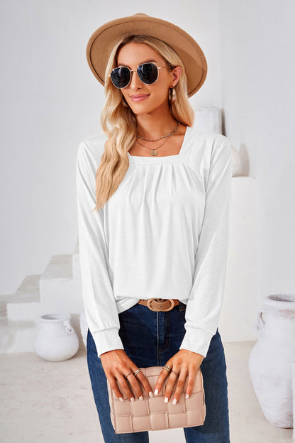 Square Neck Ruched Long Sleeve Blouse