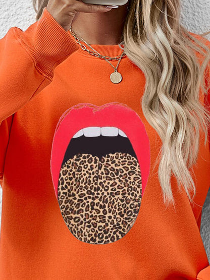 Leopard Lip Graphic Round Neck Sweatshirt