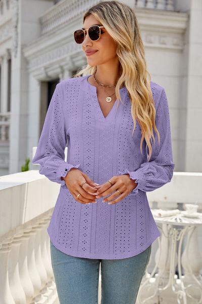 Eyelet Notched Lantern Sleeve T-Shirt