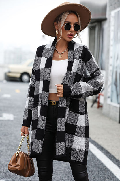 Plaid Dropped Shoulder Cardigan with Pocket