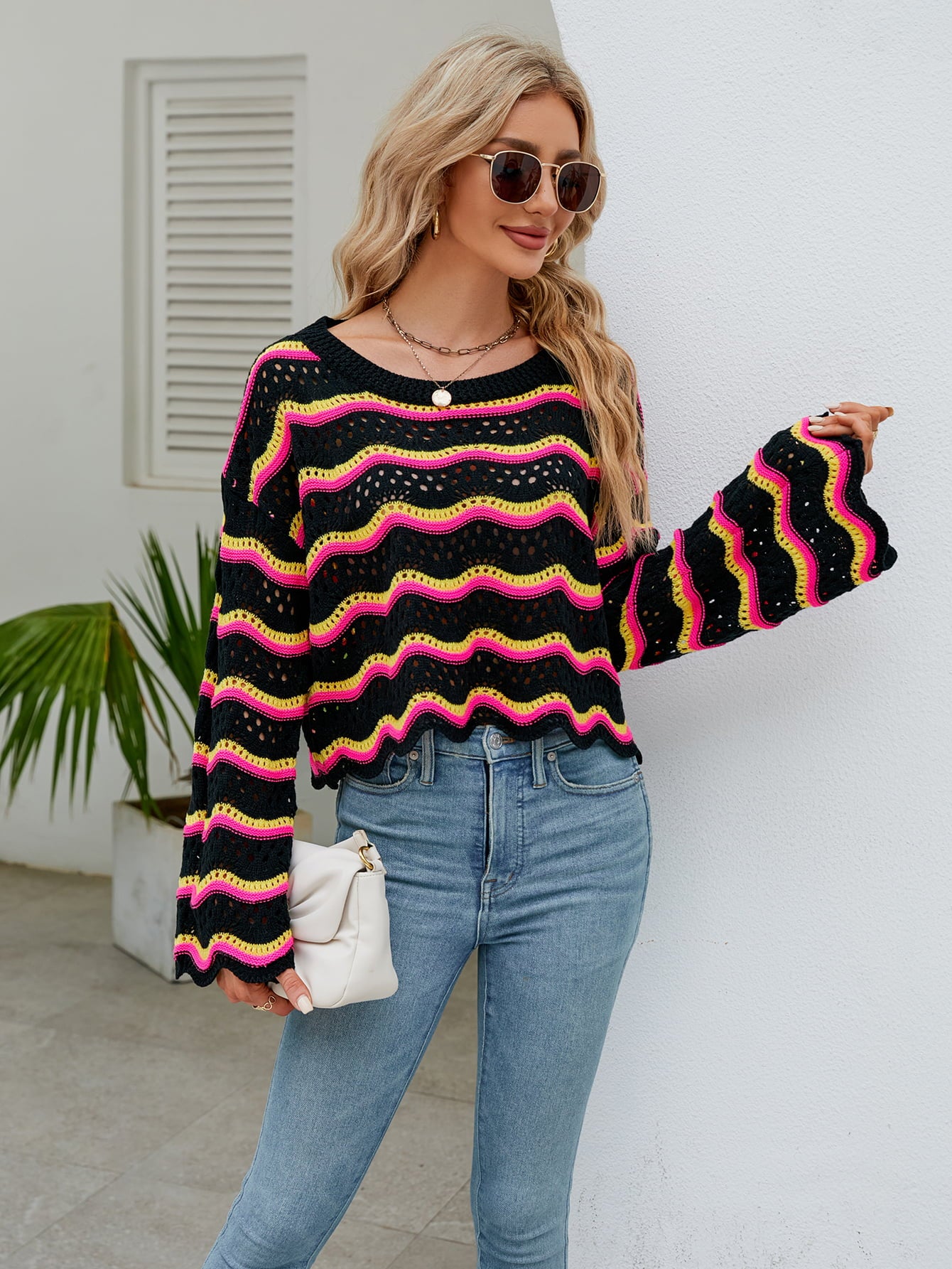 Round Neck Openwork Flare Sleeve Knit Top