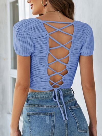 Lace-Up Openwork Square Neck Sweater