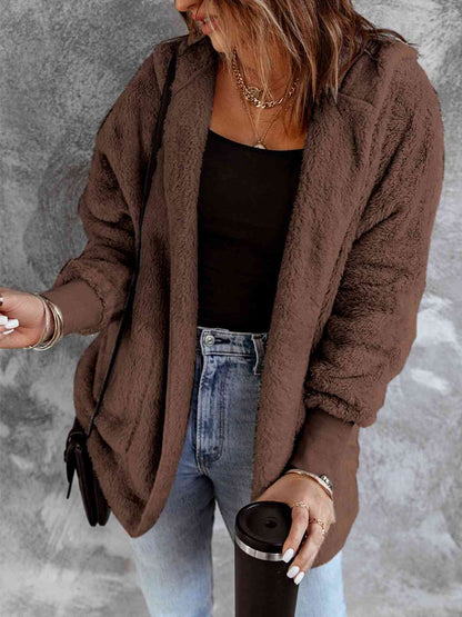 Open Front Hooded Faux Fur Outwear with Pockets