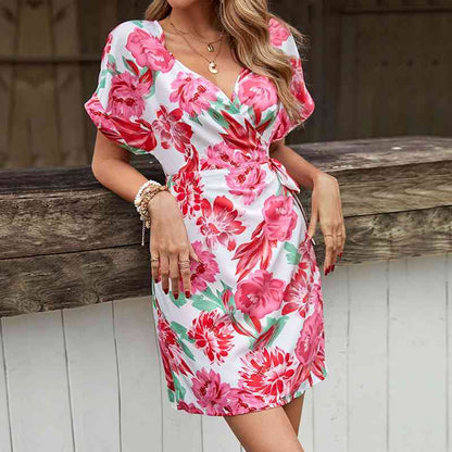 Floral Tied Short Sleeve Mini Dress