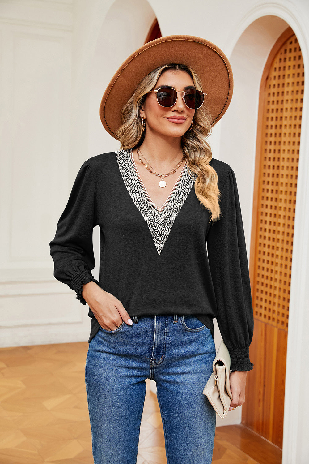 Contrast V-Neck Long Sleeve Top