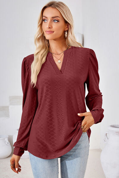 Ruched Notched Long Sleeve T-Shirt