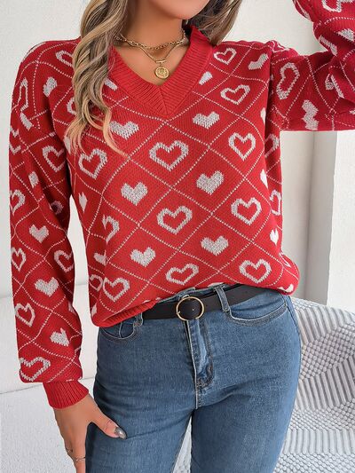 Heart Pattern V-Neck Long Sleeve Sweater