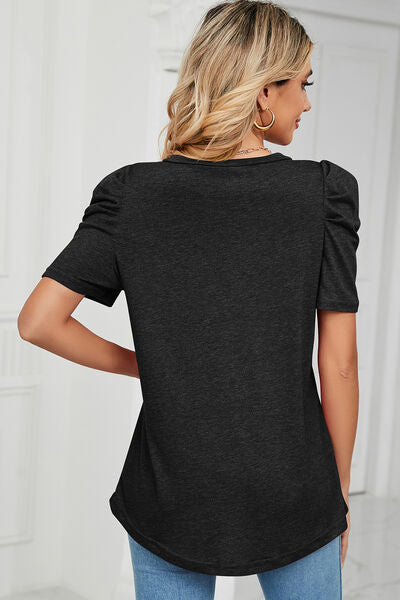 Heathered V-Neck Puff Sleeve T-Shirt