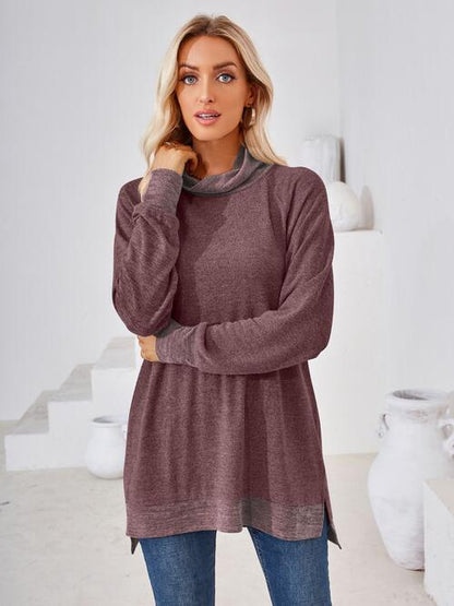 Contrast Mock Neck Long Sleeve T-Shirt