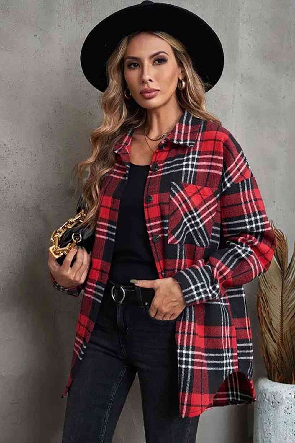 Plaid Collared Neck Button Up Jacket with Pockets