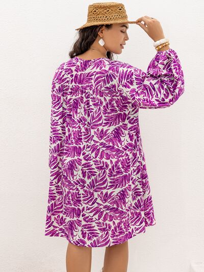 Plus Size Printed V-Neck Balloon Sleeve Mini Dress