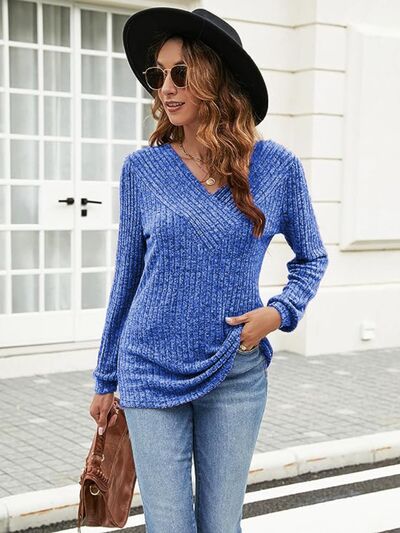 Ribbed Surplice Long Sleeve T-Shirt