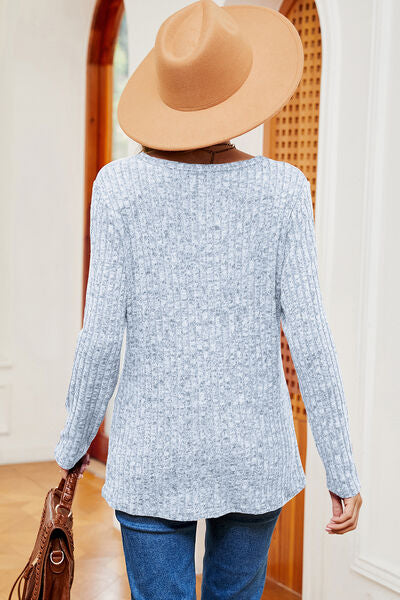 Eyelet Ribbed Round Neck Long Sleeve T-Shirt