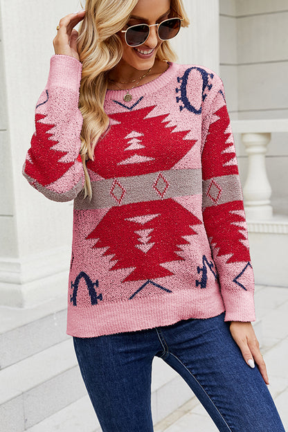 Printed Round Neck Long Sleeve Sweater