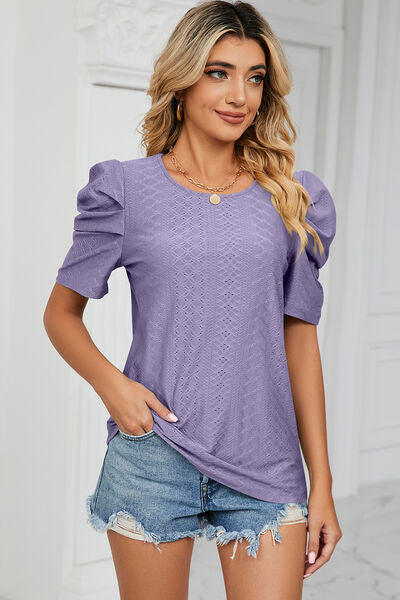 Eyelet Round Neck Puff Sleeve T-Shirt