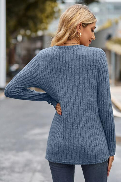 Ribbed Half Button Long Sleeve Knit Top