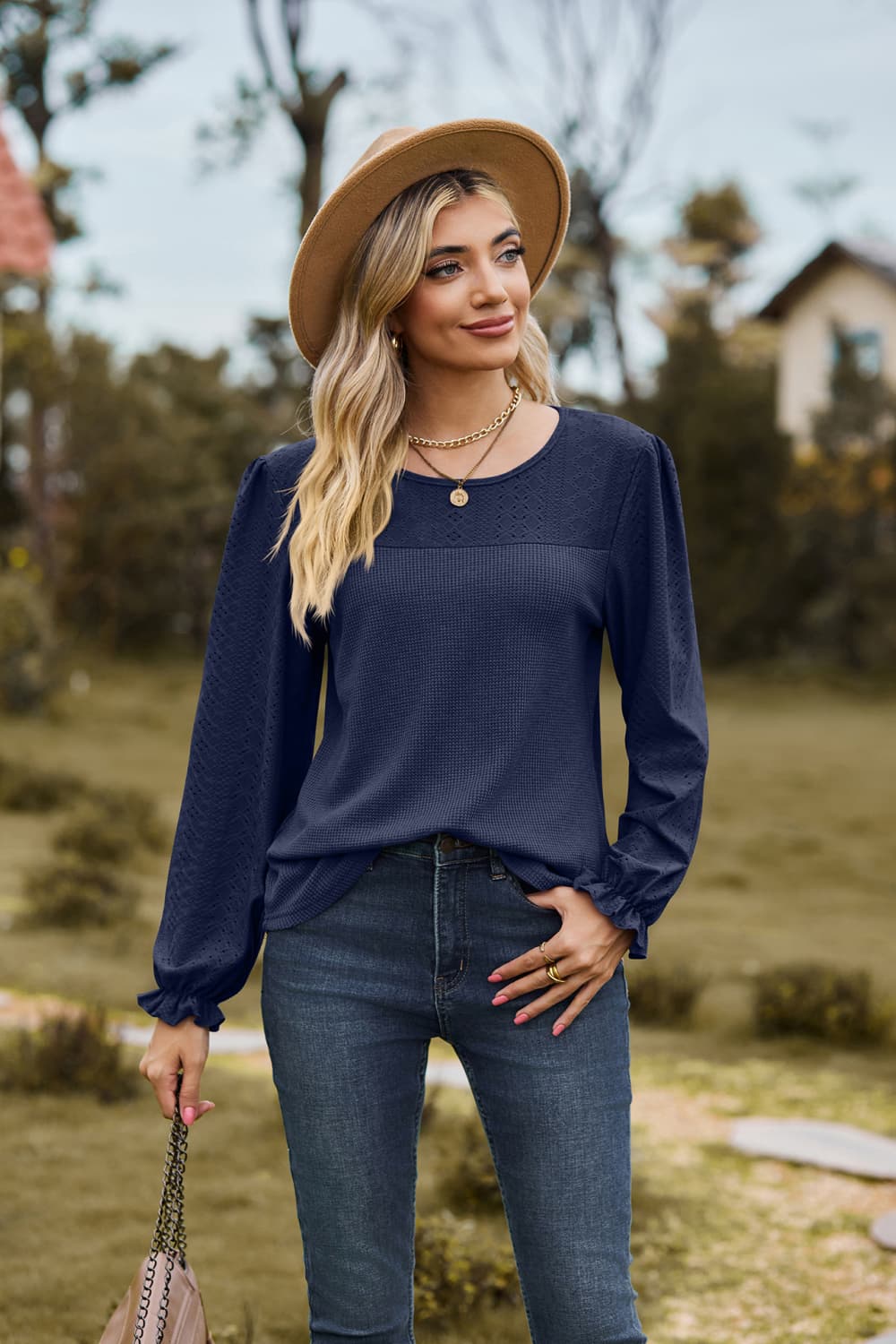 Round Neck Puff Sleeve Blouse