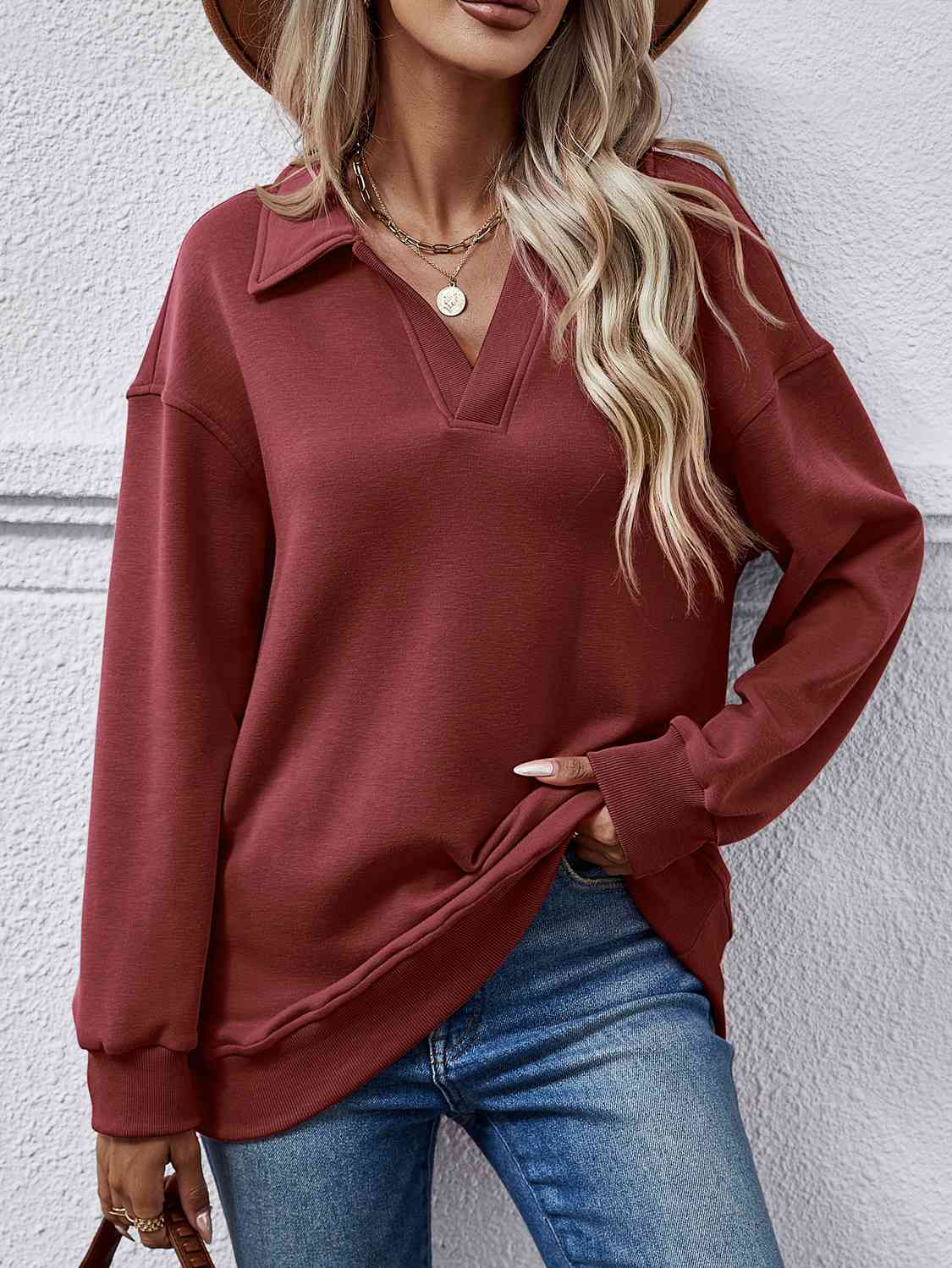 Collared Neck Dropped Shoulder Sweatshirt