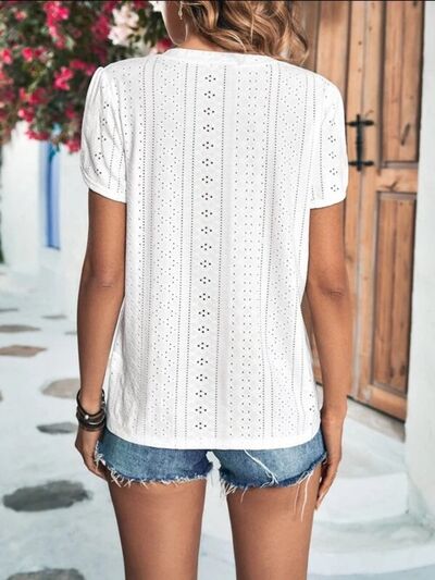 Eyelet V-Neck Petal Sleeve T-Shirt