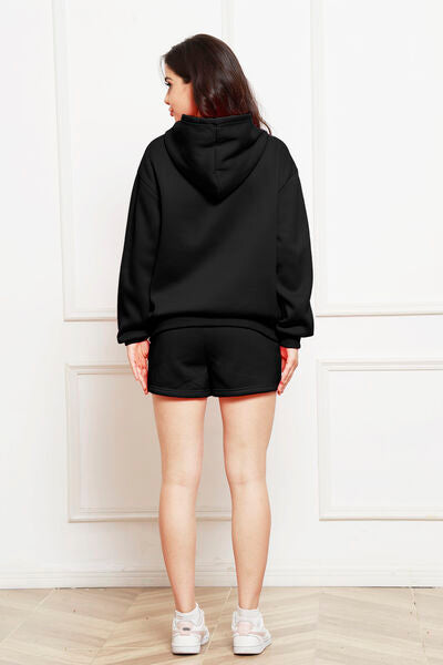 Drop Shoulder Long Sleeve Hoodie and Shorts Set