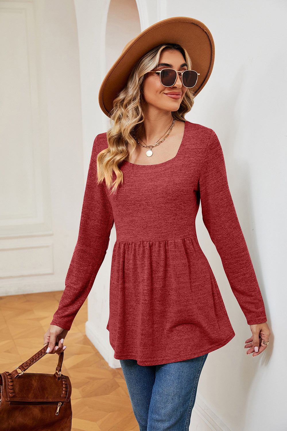 Square Neck Long Sleeve Peplum Top