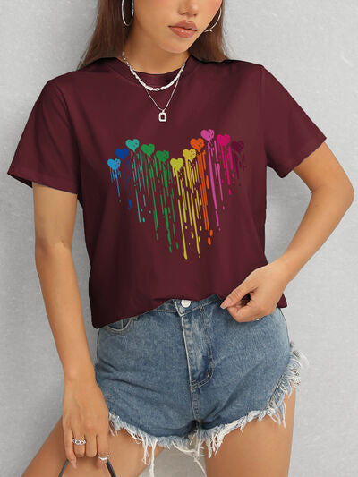 Heart Round Neck Short Sleeve T-Shirt