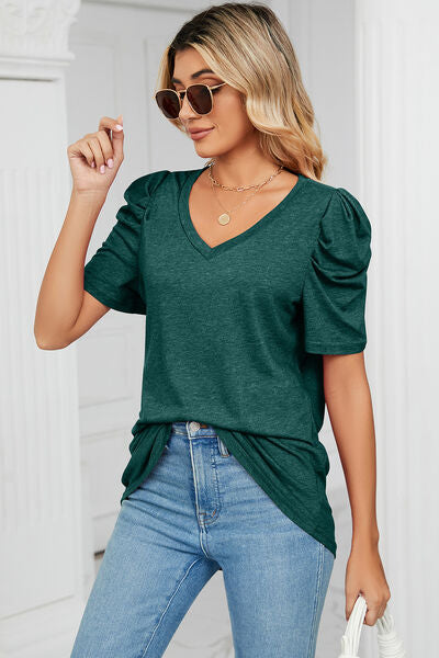 Heathered V-Neck Puff Sleeve T-Shirt